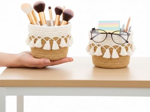 Macrame Makeup Brush Holder Organizer Mini Storage Basket Boho Decor Basket - Image 5