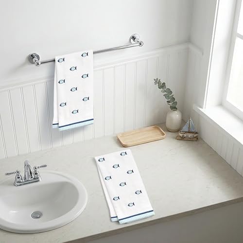 Ritz 2-Piece Cotton Velour Bathroom Hand Towel Set, Embroidered Allover Fish - Image 5