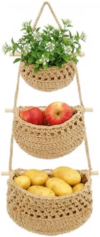 3 Tier Cotton Woven Wall Hanging Fruit Basket, 32 Inch by MaagorVita