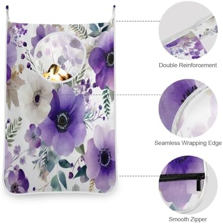 Purple and White Silver Lotus Flowers and Berries Hanging Laundry Hamper Door - Image 5