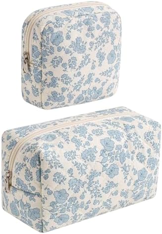 RSRSLEII 2Pcs Quilted Cotton Makeup Bag Set, 21 Blue Flowers Set by RSRSLEII