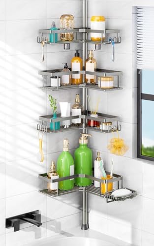 HAMITOR Shower Organizer Tension Pole: 4 Tier L-Shaped Corner Bath Shelf by HAMITOR