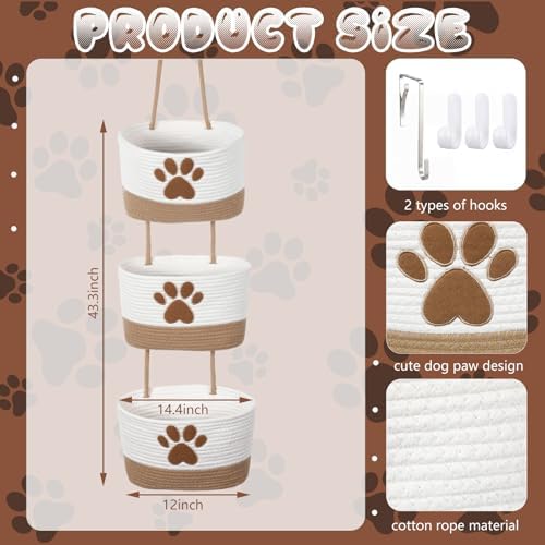 3-Tier Dog Paw Theme Cotton Rope Hanging Basket Organizer, Wall Storage Bin - Image 2