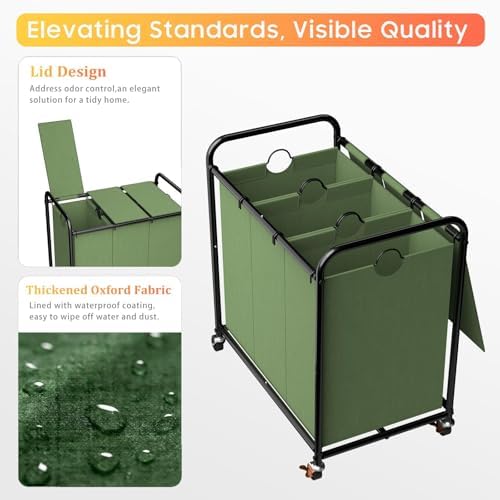 180L Laundry Sorter 3 Section, Rolling Laundry Basket - Image 4