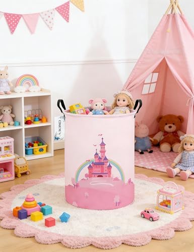 Round Foldable Pink Fairy Castle Laundry Hamper - Image 4