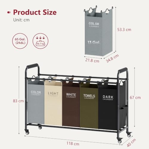 Tajsoon 5 Bag Laundry Sorter Cart, Laundry Hamper 5 Section, 5 Colors - Image 7