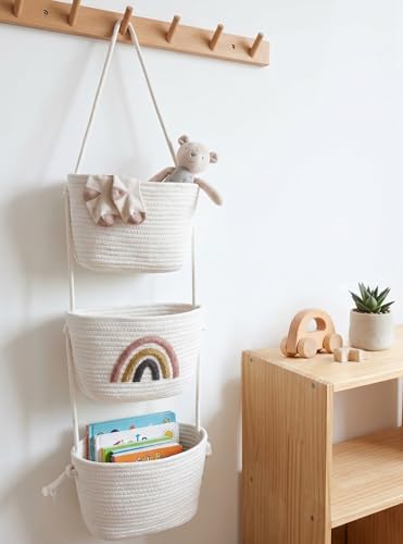Over the Door Hanging Basket for Organizing 3 Tiers Woven Cotton Rope Wall - Image 4