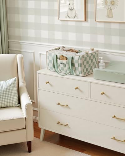 Blissful Diary Checkered Diaper Caddy Organizer, Storage Basket, Sage Green - Image 5