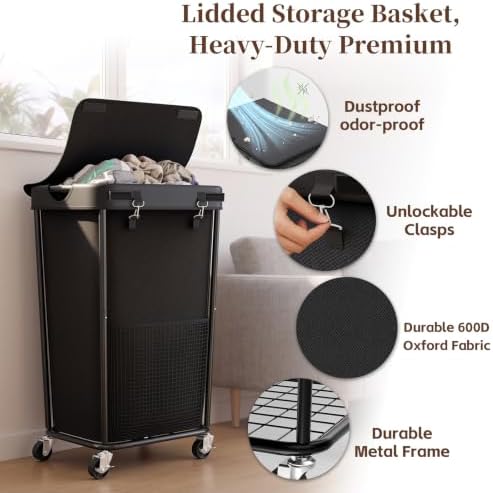 Laundry Hamper with Wheels and Lid, 110L Large Rolling Laundry Basket Black - Image 4