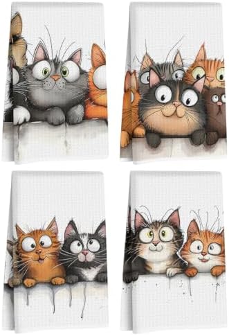 Jztco 4 Pcs Cute Cat Kitchen Towels, Funny Cats Absorbent Hand Tea Towel by Jztco