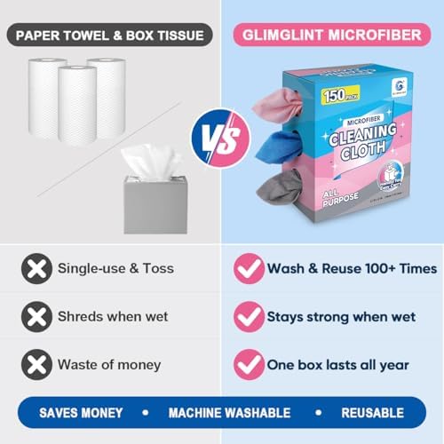 GLIMGLINT Microfiber Cleaning Cloth 150 Pack, Reusable Paper Towels 11 x 9 - Image 2