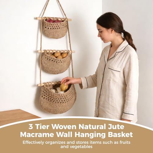 3 Tier Woven Natural Jute Macrame Wall Hanging Basket, Handmade Boho Bohemian - Image 4