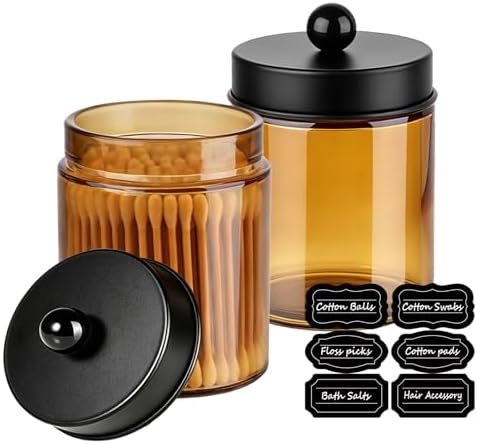 Amolliar Glass Apothecary Jar Qtip Holder w/Metal Lids, Amber-Black by Amolliar