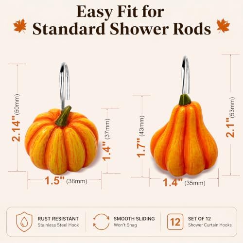 Pumpkin Shower Curtain Hooks Set of 12, Resin Fall Bathroom Decor - Image 3