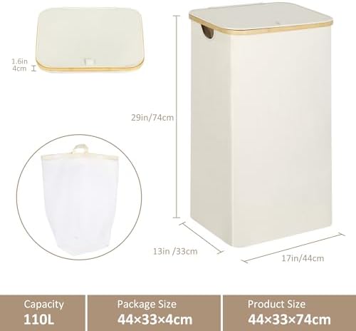 IEGrow Laundry Hamper with Lid, 110L Laundry Basket with Mesh Bags - Image 2