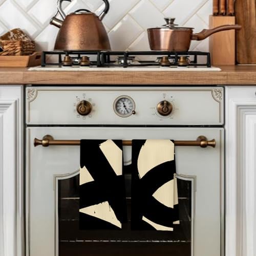 Beige and Black Abstract Kitchen Towels, Mid Century Modern Neutral Hand Towels - Image 3