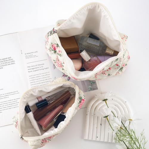 2Pcs Quilted Cotton Makeup Bag Large Travel Makeup Pouch Small Brush Holder Set - Image 5