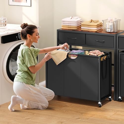 Laundry Sorter 3 Section with Tabletop & 2 Drawers, Rolling Laundry Hamper with - Image 2