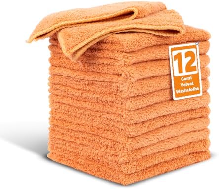 TEAWOO Coral Velvet Orange Washcloths 12 Pack, Highly Absorbent and Soft by TEAWOO