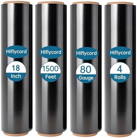 Black Plastic Shrink Wrap Roll 18 Inch 1500 Feet, Stretch Wrap 4 Pack by Hiflycord