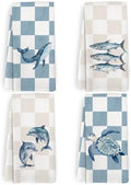 Preppy Coastal Beach Kitchen Towels and Dishcloths Set of 4, Nautical Beachy by HFXHANGD