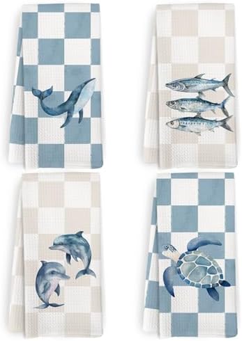 Preppy Coastal Beach Kitchen Towels and Dishcloths Set of 4, Nautical Beachy by HFXHANGD