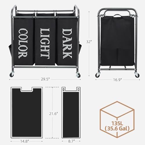 STORAGE MANIAC 3 Section Laundry Sorter, 35.6 Gal Laundry Hamper Cart - Image 3