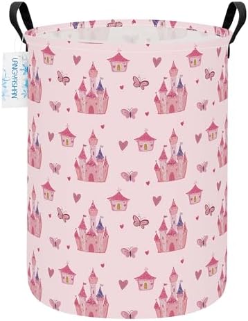 Round Laundry Basket Collapsible Storage Hamper Pink Castle by LANGYASHAN