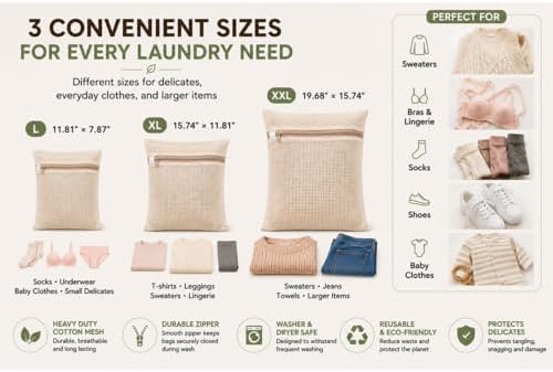 Cotton Mesh Laundry Bags, Clothes and Shoes, Natural Breathable Washer and - Image 2