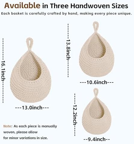 Hanging Storage Baskets Boho Decor Set of 3, Handmade Cotton Rope Wall-Mounted - Image 3