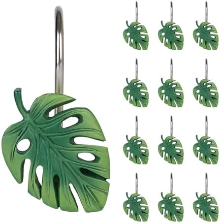 Tropical Leaf Decorative Shower Curtain Hooks Green Botanical Shower Curtain by Sunlit