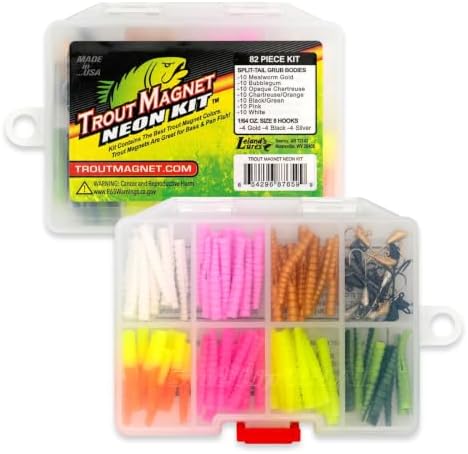 Trout Magnet 82-Piece Neon Fishing Gear Kit, Includes 70 Grub Bodies Trout Bait by TroutMagnet