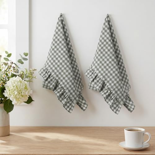HunnmingRe 2 Pcs Sage Green Gingham Kitchen Towels Cotton Ruffled - Image 5