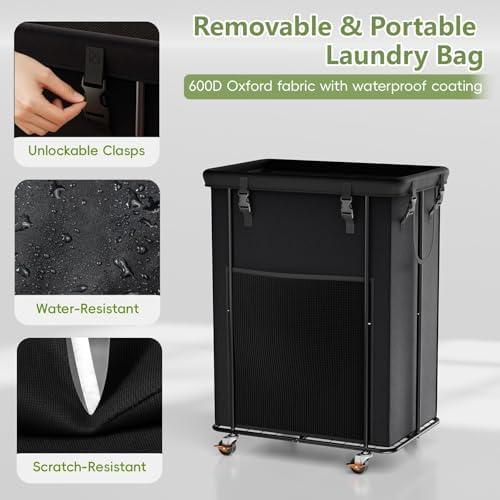 Laundry Hamper with Wheels and Lid, 200L Large Rolling Laundry Basket Black - Image 6