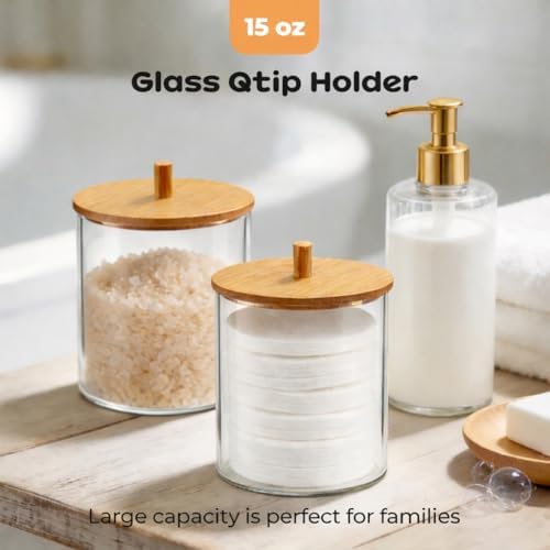 15 oz Glass Qtip Holder with Bamboo Lids, 2 Pack Apothecary Jars - Image 7