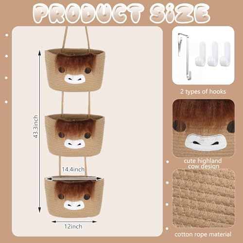 Highland Cow Nursery Decor 3-tier Highland Cow Cotton Rope Hanging Basket - Image 2