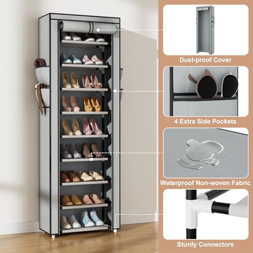 VILICK Shoe Rack with Cover Narrow Shoe Rack Organizer with 4 Side Pockets 10 - Image 4