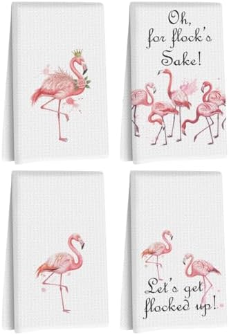 4 Pcs Funny Flamingo Kitchen Towels, Hot Pink Bird Reusable Dish Towels by Jztco