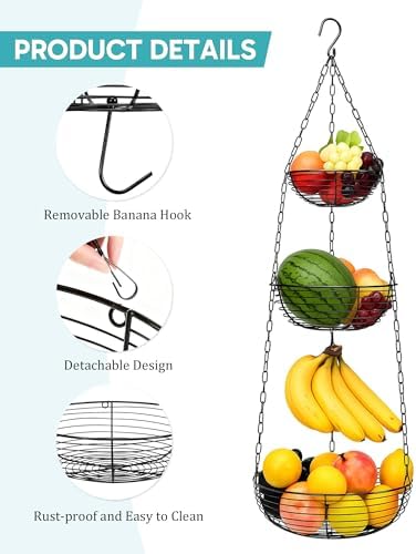 FANGSUN Hanging Fruit Basket for Kitchen, 3-Tier Hanging Fruit Basket - Image 4