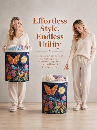 Quilted Laundry Basket with Handles, Boho Floral Quilted Storage Hamper - Image 3