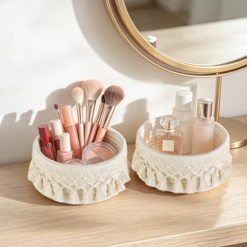 Mkono Macrame Makeup Brush Holder, Boho Mini Storage Basket Set of 2 Ivory - Image 2