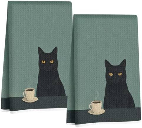 2 Pcs Vintage Coffee Cat Kitchen Towels, Cat Gift Reusable Hand Towels by Jztco