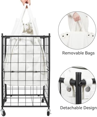 WOWLIVE Rolling Laundry Basket, Metal Wire Frame Laundry Hamper - Image 6