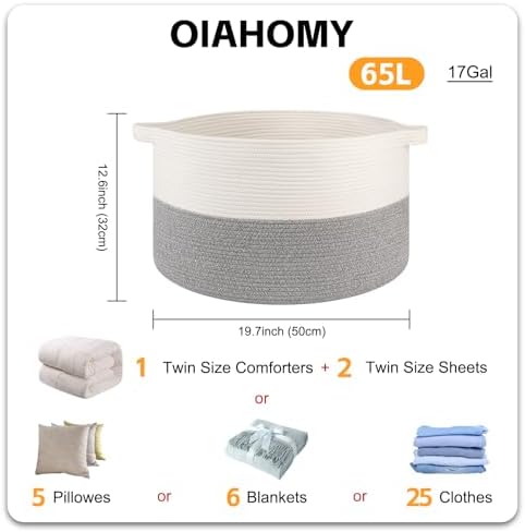 OIAHOMY Large Blanket Basket Living Room Cotton Rope Laundry Basket Grey - Image 2