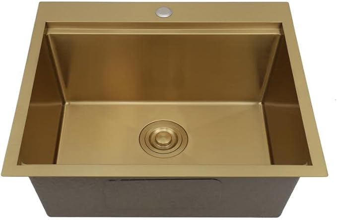 STARSTAR Workstation Ledge Topmount/Drop-in Single Bowl Satin Matte Stainless Steel Kitchen/Yard/Bar/Laundry/Office Sink, With Grid, Colander, Cutting Board, Strainer (23x20x9 Gold)
