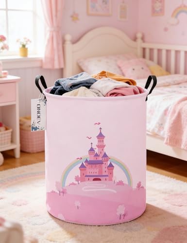 Round Foldable Pink Fairy Castle Laundry Hamper - Image 5
