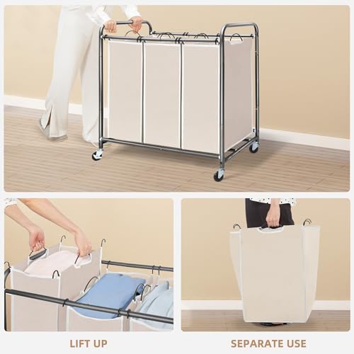 STORAGE MANIAC 3 Section Laundry Sorter, 35.6 Gal Laundry Hamper Cart - Image 4