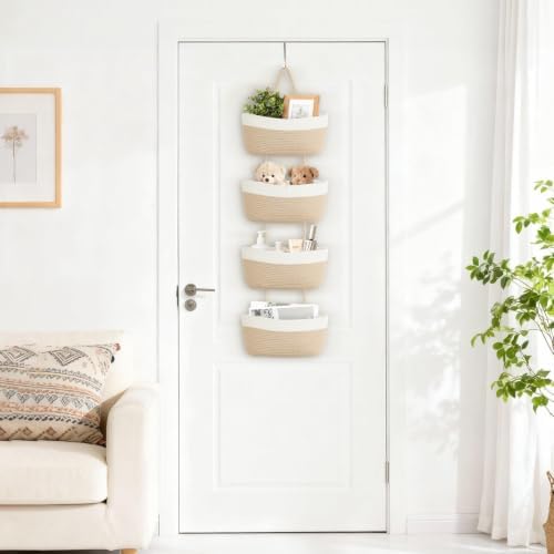 Over The Door Hanging Basket Storage 4-Tier Woven Wall Basket, Jute & White - Image 3