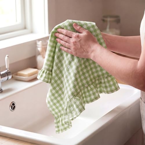 HunnmingRe 2 Pcs Mint Green Gingham Kitchen Towels Cotton Ruffled - Image 4