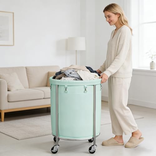 ELYKEN Laundry Basket with Wheels, Round Rolling Laundry Hamper, Mint Green - Image 2
